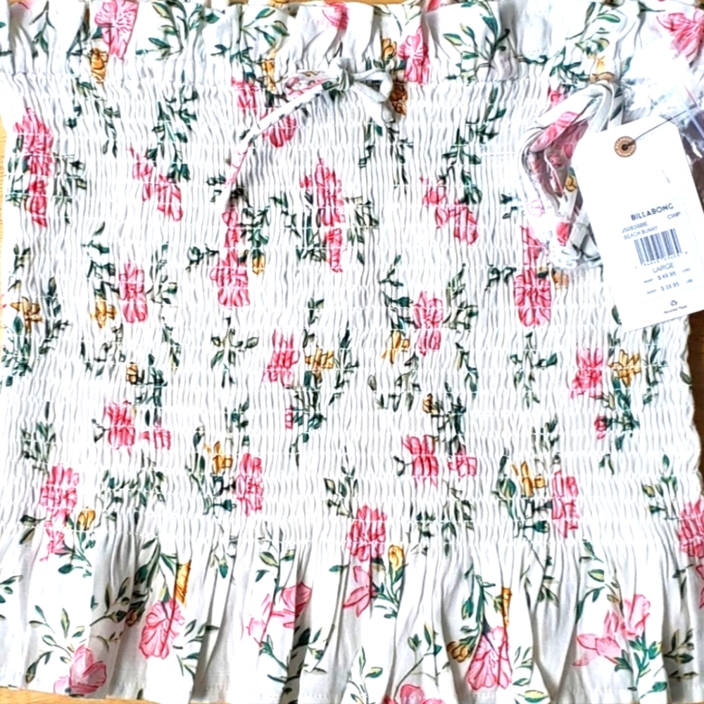 nwt billabong white floral smocked strapless top blouse size m